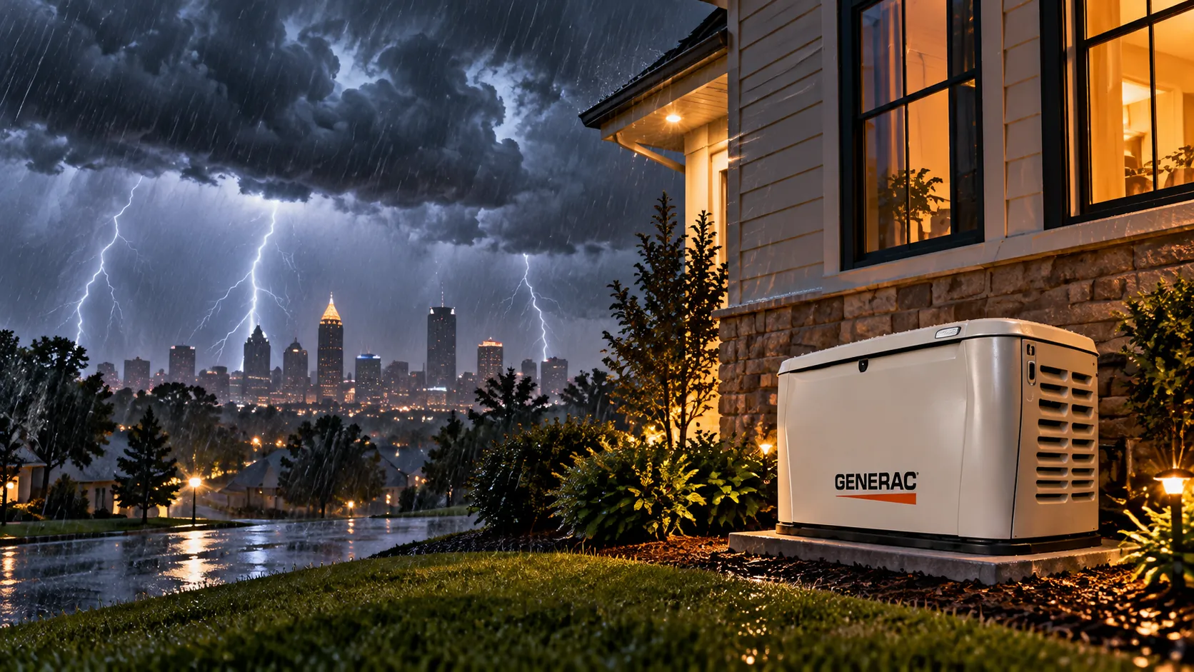 Illustration of a Generac standby generator powering a home during a thunderstorm, with the Atlanta skyline behind