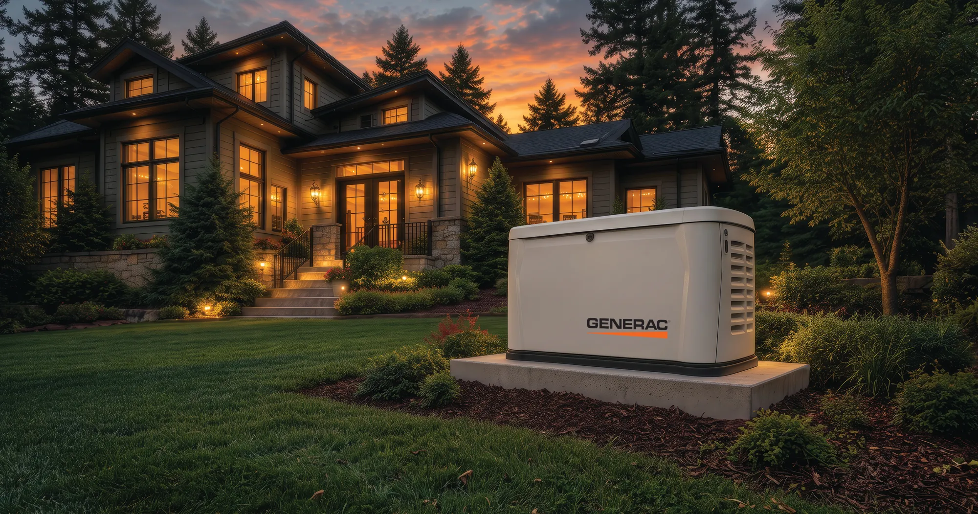 Generac home standby generator on a pad beside a home at dusk