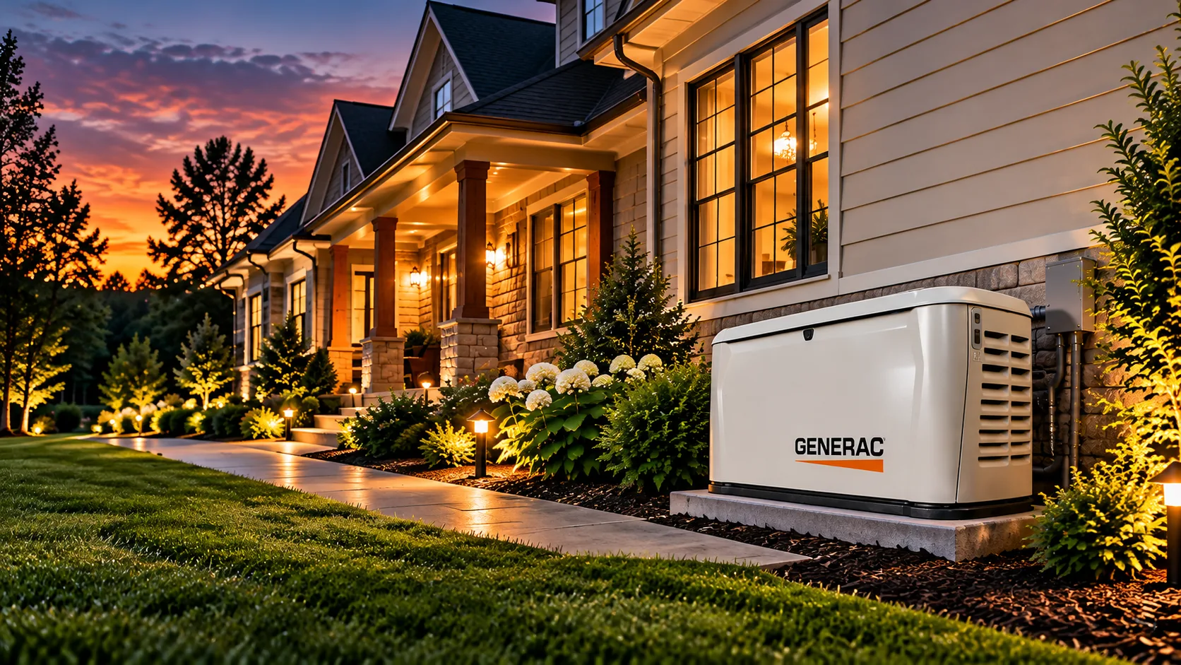 Generac home standby generator next to a home with the porch lights on