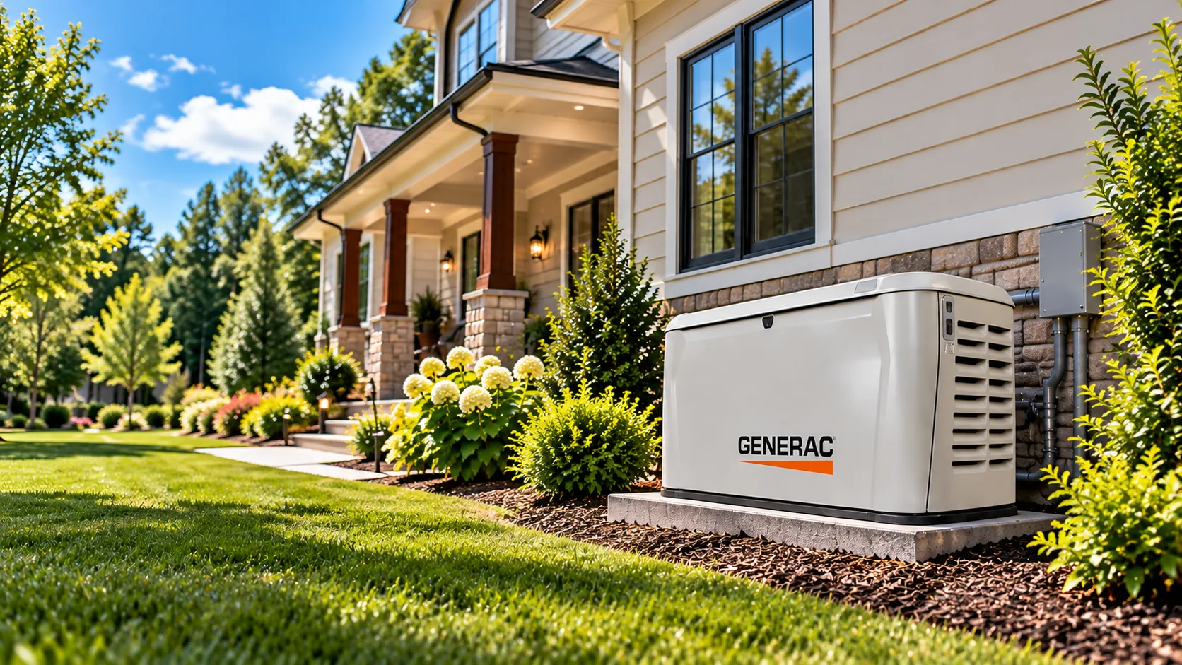 Generac home standby generator beside a home on a sunny day