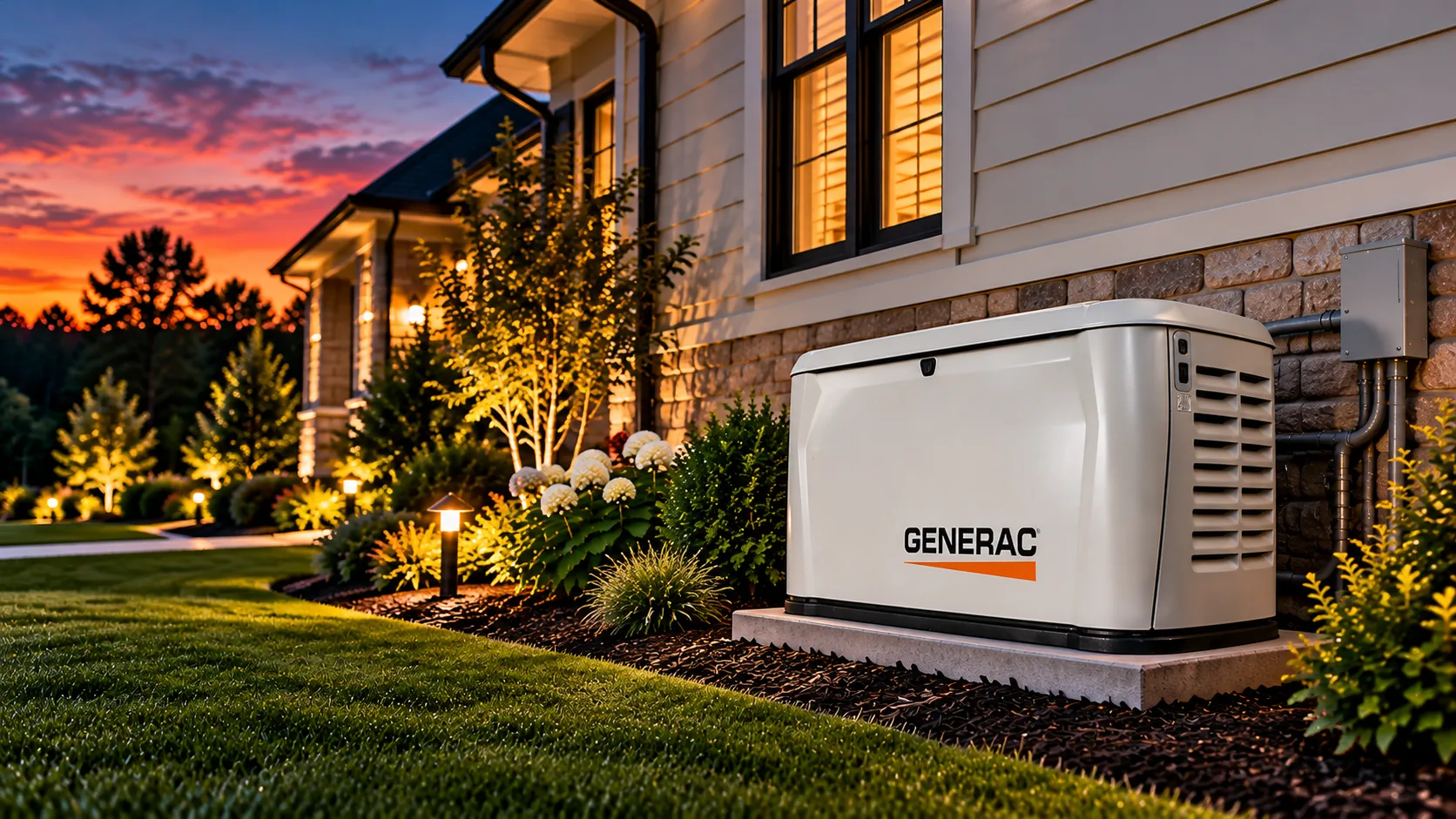 Generac home standby generator beside a home at sunset