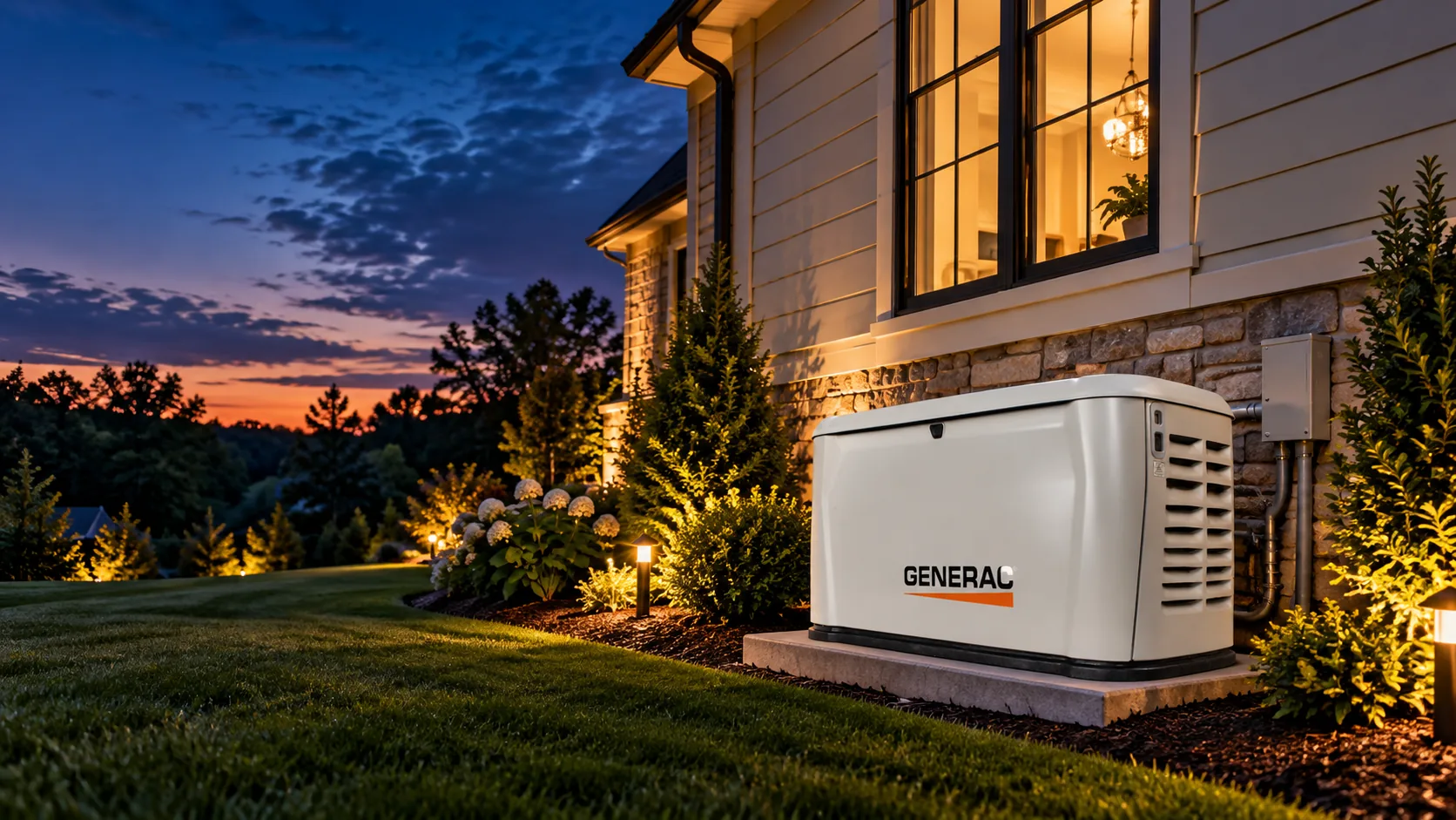 Generac home standby generator on a concrete pad beside a house at twilight