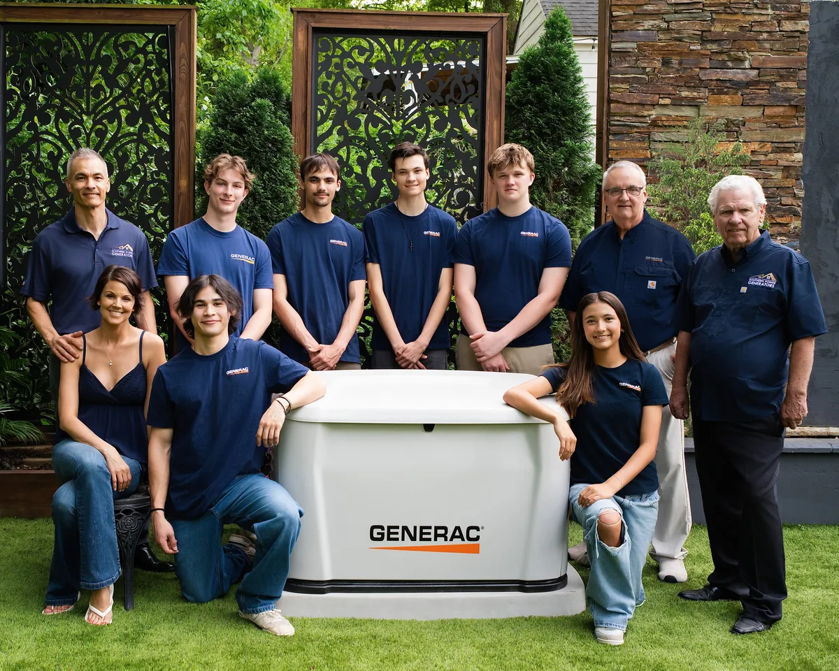 The Hill family, both of their fathers and the Southern Power Generators crew with a Generac home standby generator