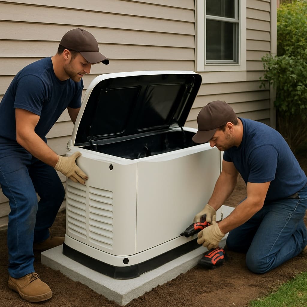 Technician performing maintenance on a home standby generator